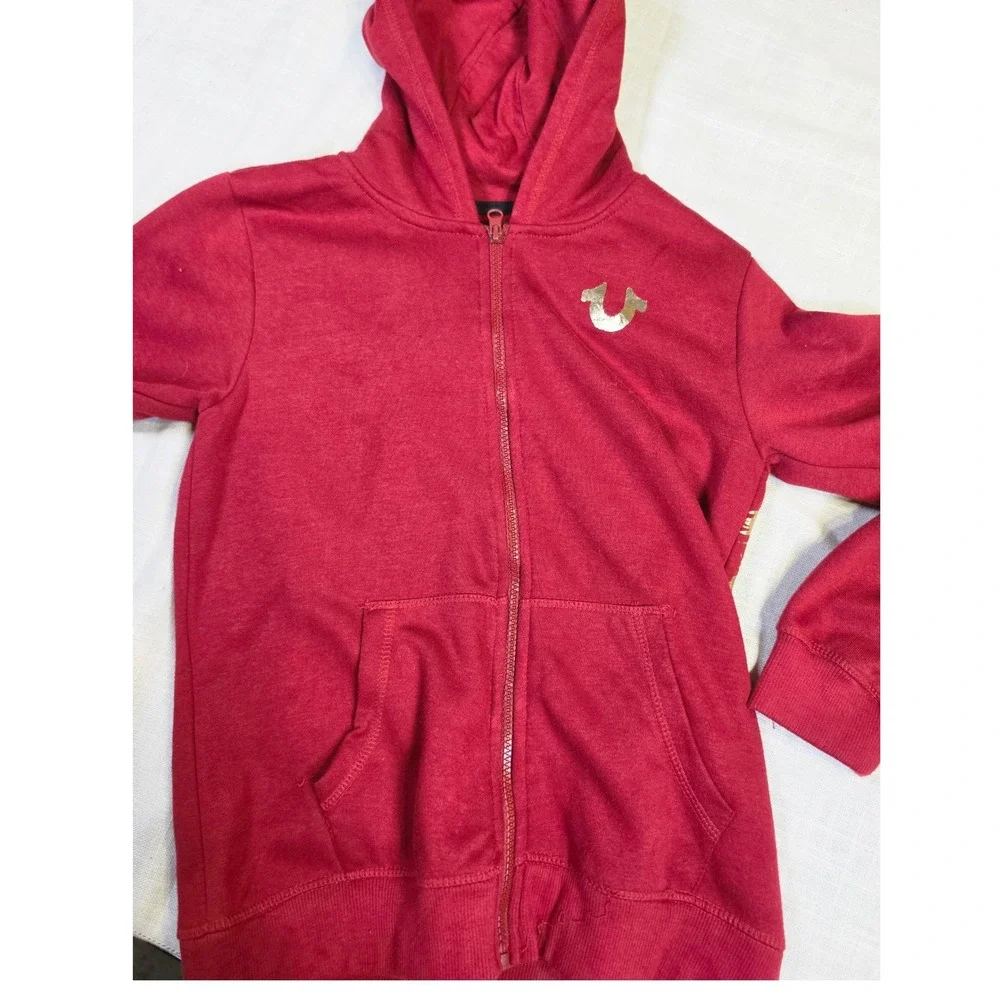 True Religion Boys Red Gold Metallic Horseshoe Logo Zip Up Hoodie Size M 10